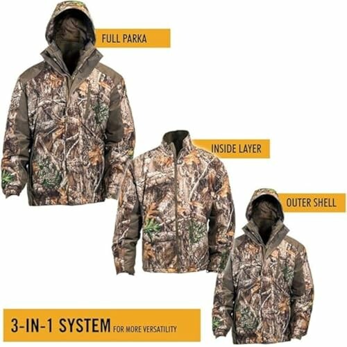 3-in-1 camo parka with full parka, inside layer, and outer shell.