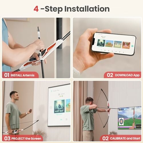 Four-step installation guide: install device, download app, project screen, calibrate and start.