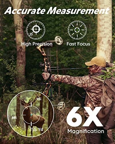 Hunter aiming with bow in forest using 6X magnification for accurate measurement.