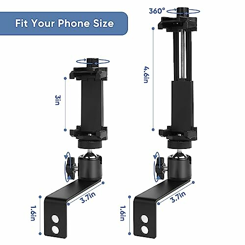 Adjustable phone mount with 360-degree rotation and size compatibility.