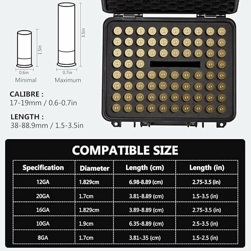 Ammunition case with bullet size chart and compatible sizes.