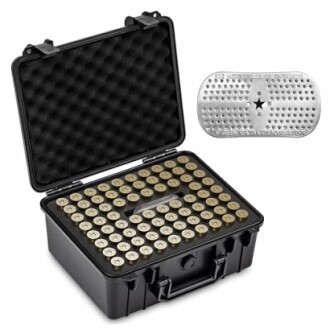 Black ammo case with bullets and a metal dog tag.