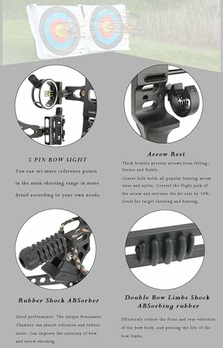 Image showing features of archery equipment including 5 pin bow sight, arrow rest, rubber shock absorber, and double bow limb shock absorber.