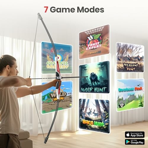 Person using a bow in front of a screen displaying seven game modes.