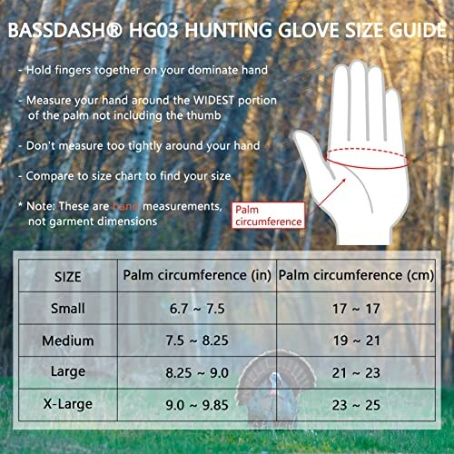 Bassdash HG03 hunting glove size guide with hand measurement instructions.