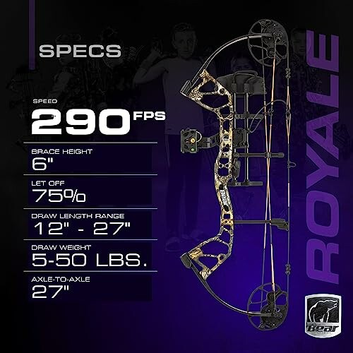 Bear Archery Royale bow specifications with speed and draw details.