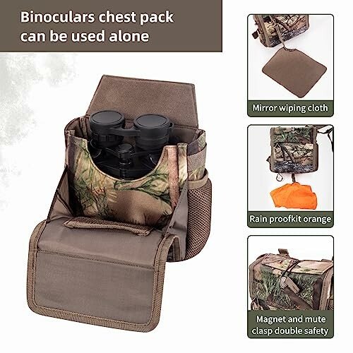 Binoculars chest pack with accessories including mirror wiping cloth and rainproof orange cover.