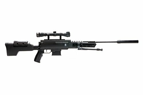 Black sniper rifle with scope and bipod