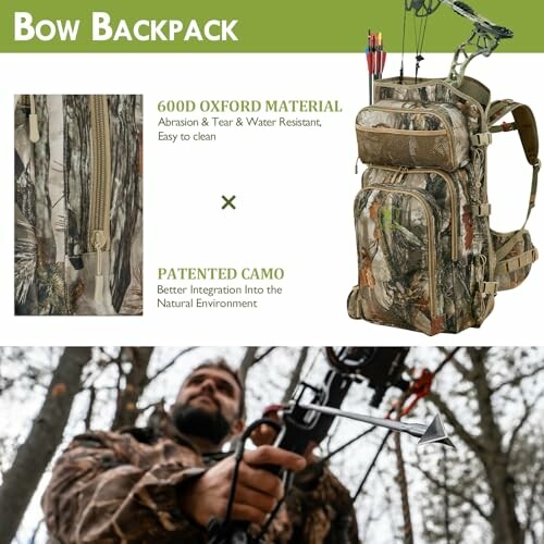 Camo bow backpack with 600D Oxford material and patented camo design.