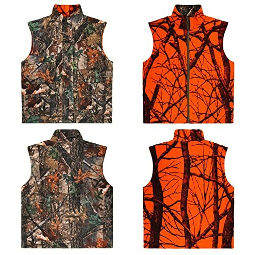 Two camouflage and two orange hunting vests with tree patterns.