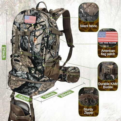 Camouflage backpack with features highlighted, including silent fabric, American flag patch, sturdy zipper, and durable KAM buckle.