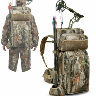 Camo backpack with bow and arrows, suitable for hunting.