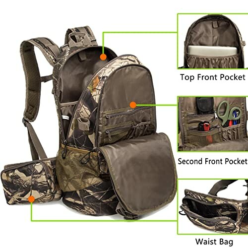 Camo backpack with multiple pockets including top front, second front, and waist bag.