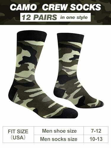 Camo crew socks, 12 pairs in one style, fit size USA men shoe size 7-12, men socks size 10-13.