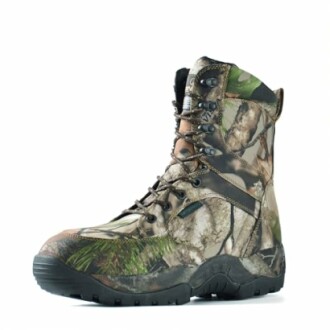 Camouflage hiking boot with high ankle support.