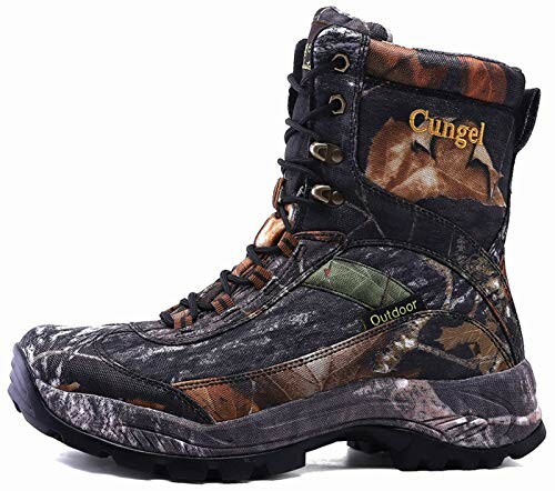 Camo hiking boot with high ankle support and rugged sole