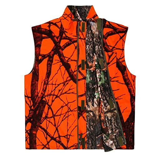 Camouflage hunting vest in orange and green.