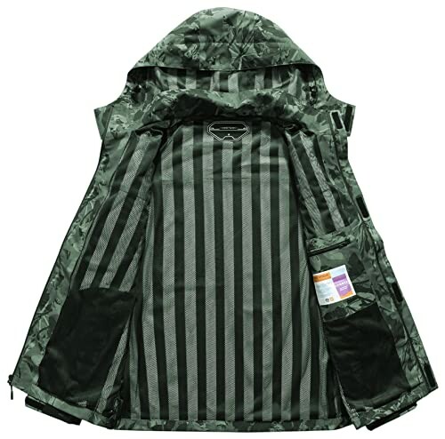 Open camo jacket showing inner lining and pockets.