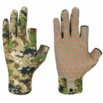 Camouflage hunting gloves with orange grip dots.