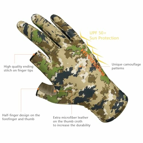 Camouflage glove with UPF 50+ sun protection and unique features.