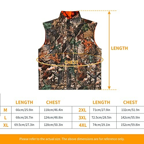 Camo vest with size chart showing measurements for M to 4XL.