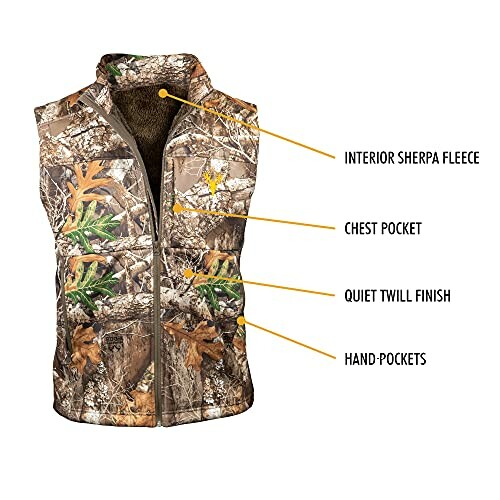 Camouflage vest with interior sherpa fleece, chest pocket, quiet twill finish, and hand pockets.