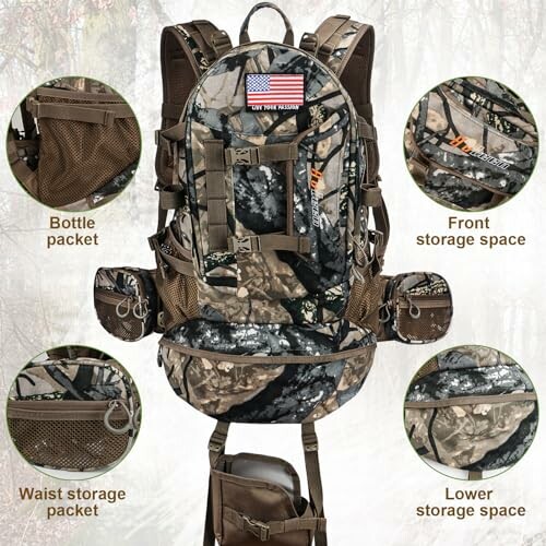 Camouflage hunting backpack with various storage compartments.