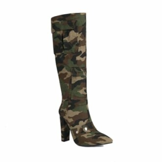 Camouflage high heel boot with block heel.