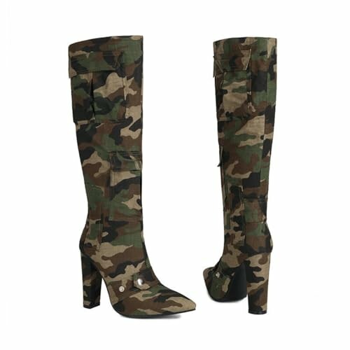 Camouflage pattern high-heeled boots with block heels.