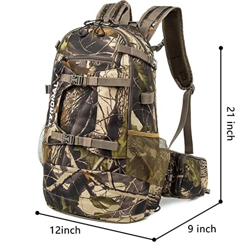 Camouflage hiking backpack with multiple straps and pockets.