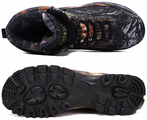 Top and bottom view of camouflage hiking shoes with rugged soles