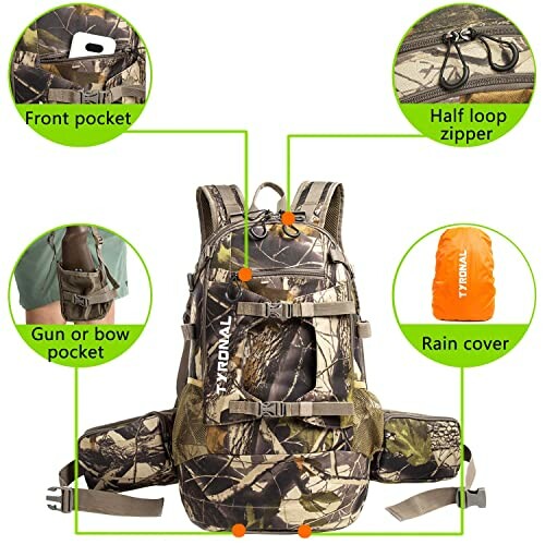 Camouflage hunting backpack with features highlighted including front pocket, half loop zipper, gun or bow pocket, and rain cover.