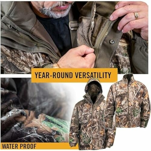 Camouflage jackets with year-round versatility and waterproof features.