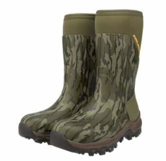 Camouflage rubber boots with rugged soles.