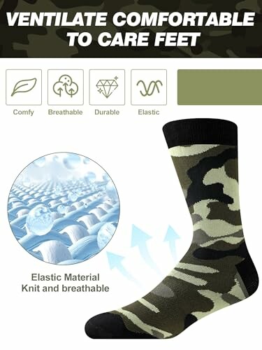 Camouflage socks promoting comfort and breathability with elastic material.