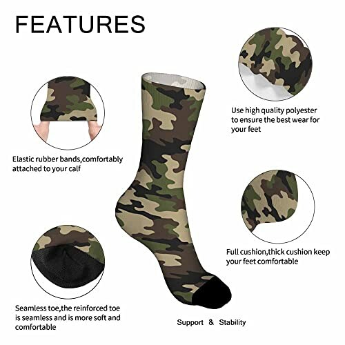 Camouflage socks with features including elastic bands, seamless toe, and full cushion.