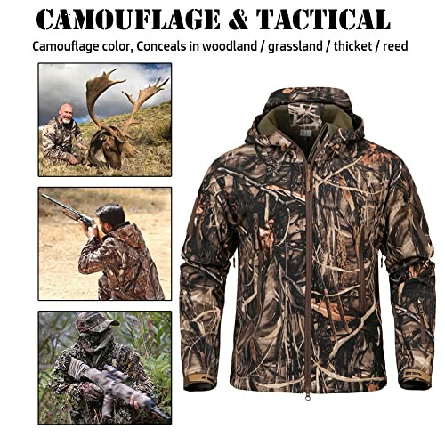 Camouflage tactical jacket with images of hunters in natural settings.