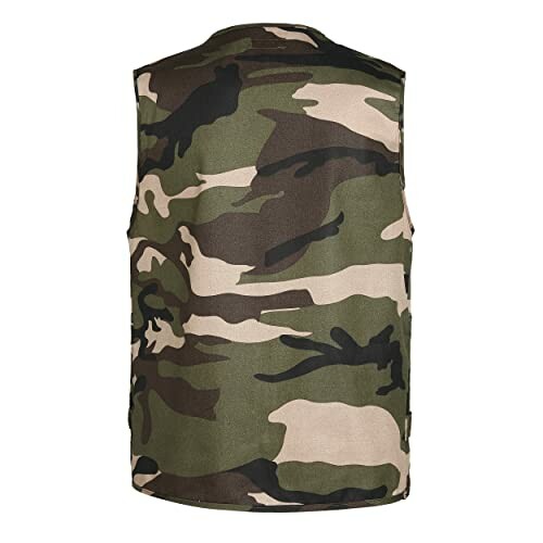 Back view of a camouflage vest with green, brown, and beige pattern