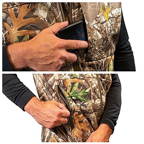 Person placing phone into pocket of camouflage vest.