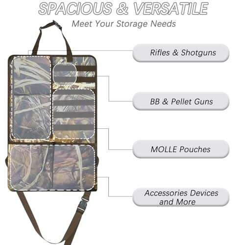 Backseat organizer for rifles, shotguns, BB guns, pellet guns, MOLLE pouches, accessories.