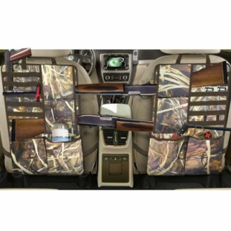 Car seat organizer with camo design and gun storage compartments.