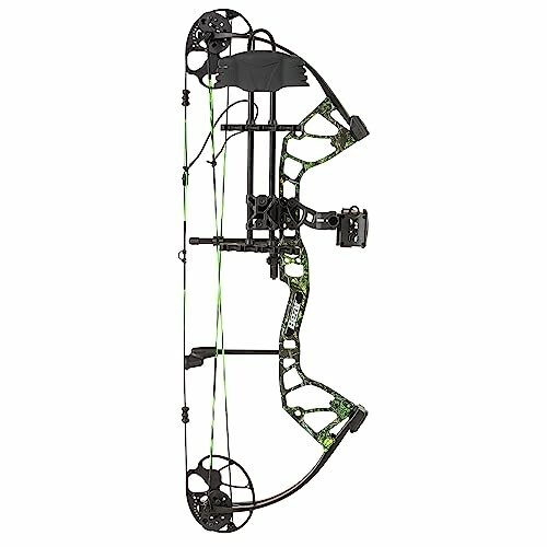 Black and green compound bow with cables and pulleys