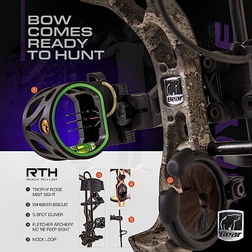 Compound bow with sight and accessories, ready to hunt.