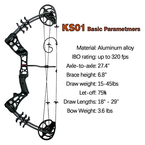 Compound bow with specifications including material, IBO rating, dimensions, draw weight, let-off, draw lengths, and bow weight.