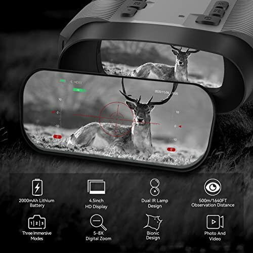 Digital night vision binoculars with a deer in viewfinder.