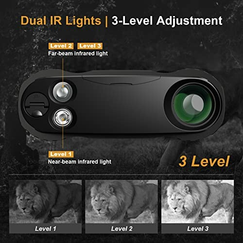 Device with dual IR lights and 3-level adjustment showing infrared images of a lion.