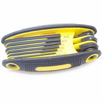 Foldable hex wrench set with yellow and black handles.