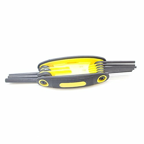 Folding hex key set with yellow handle and multiple sizes.