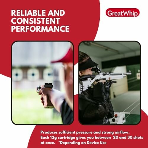 Two people aiming airguns with text about reliable performance.