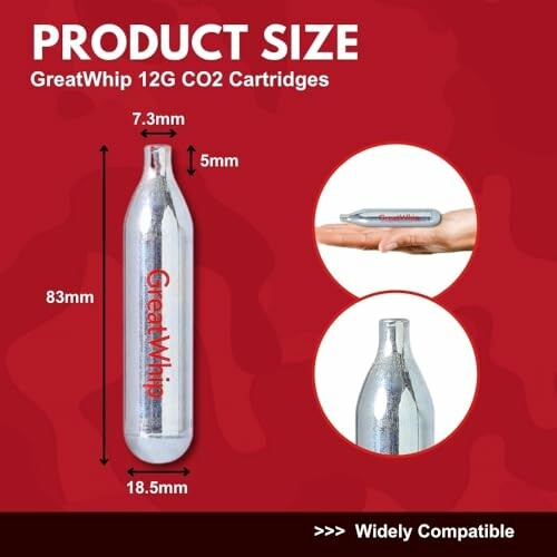 GreatWhip 12G CO2 cartridges product size and compatibility.